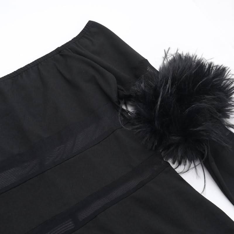 Off shoulder long sleeve fluffy mesh patchwork mini dress  | Festival Outfits Women-final-sale