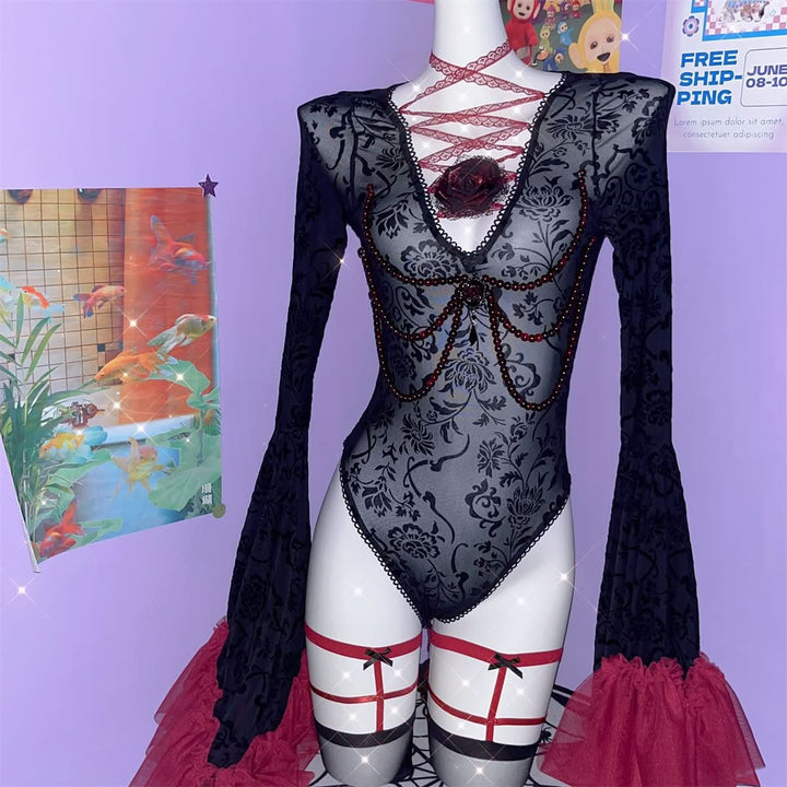 Long flared sleeve v neck see through flower applique bodysuit  | Festival Outfits Women