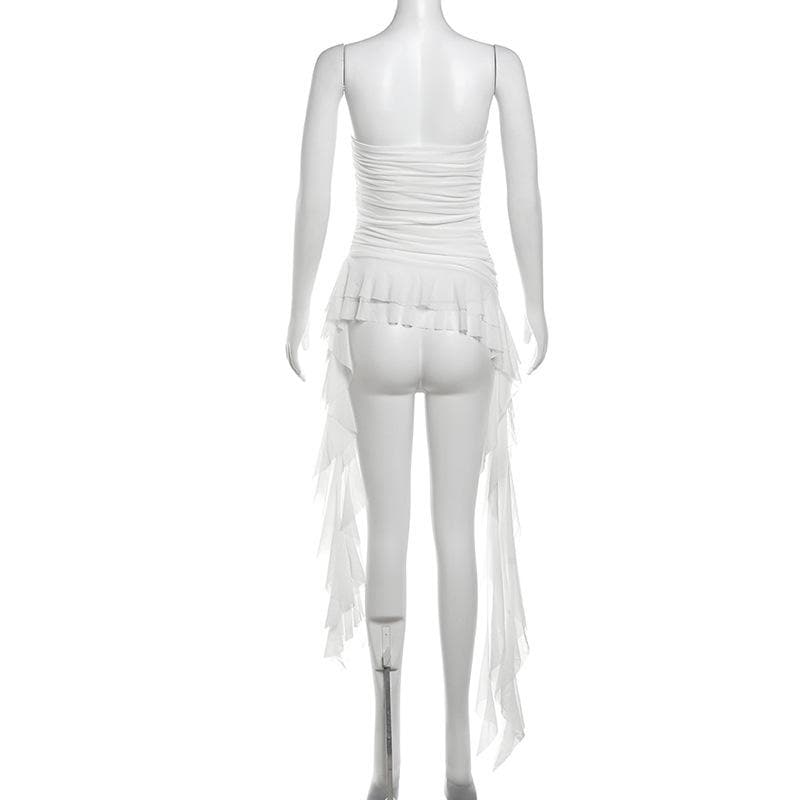 Ruffle mesh ruched irregular solid tube top  | Festival Outfits Women