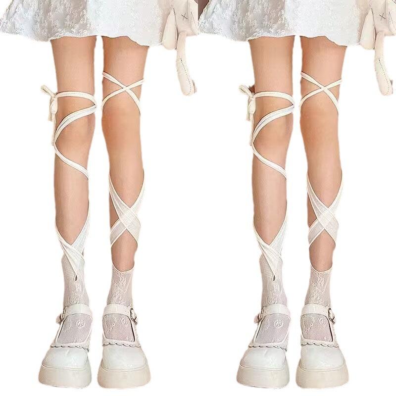 Self tie irregular lace thigh high socks  | Festival Outfits Women