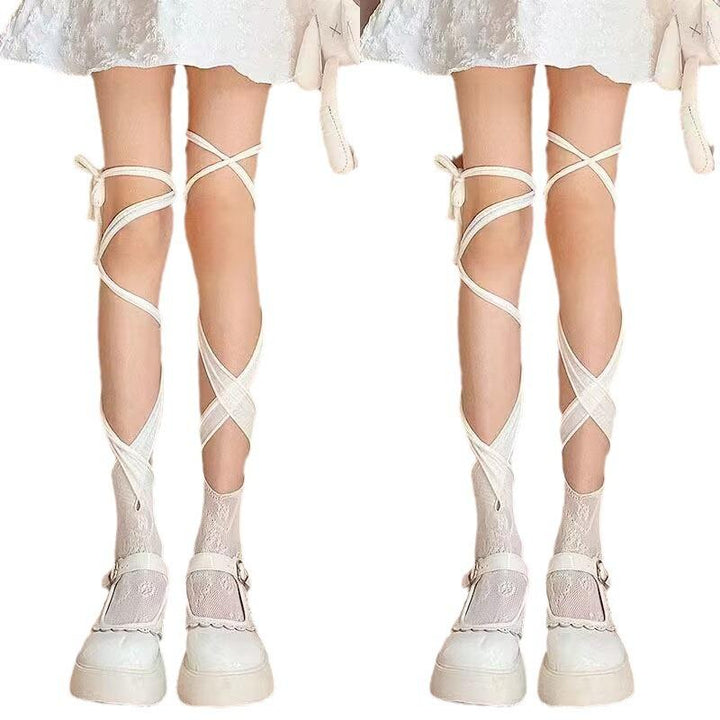 Self tie irregular lace thigh high socks  | Festival Outfits Women
