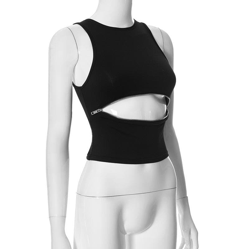 Crewneck zip-up hollow out solid tank cut out top-final-sale
