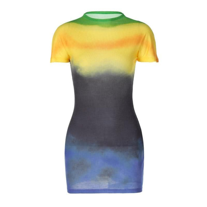 Tie dye contrast short sleeve crewneck mini dress- Final Sale-final-sale  | Festival Outfits Women