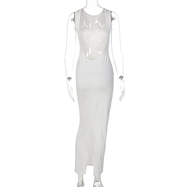 Sleeveless round neck solid backless slit midi dress-final-sale  | Festival Outfits Women