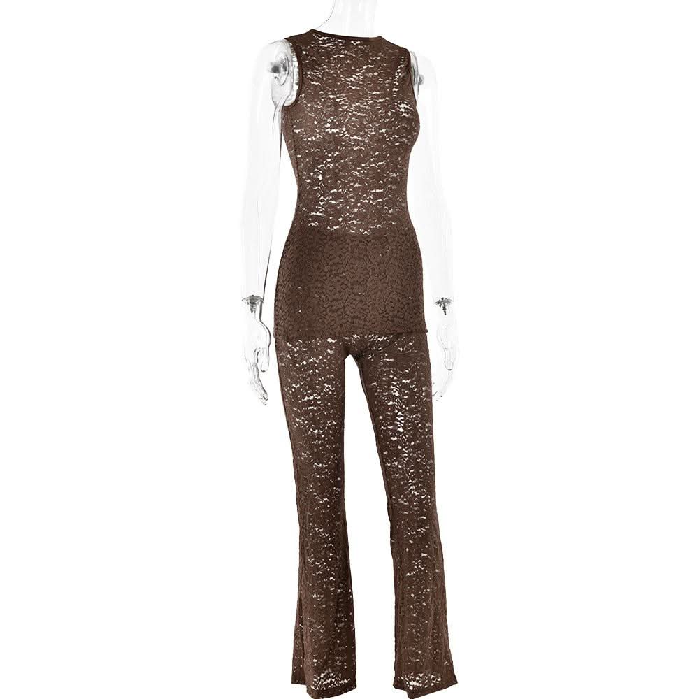 Crewneck lace sleeveless solid medium rise pant set  | Festival Outfits Women