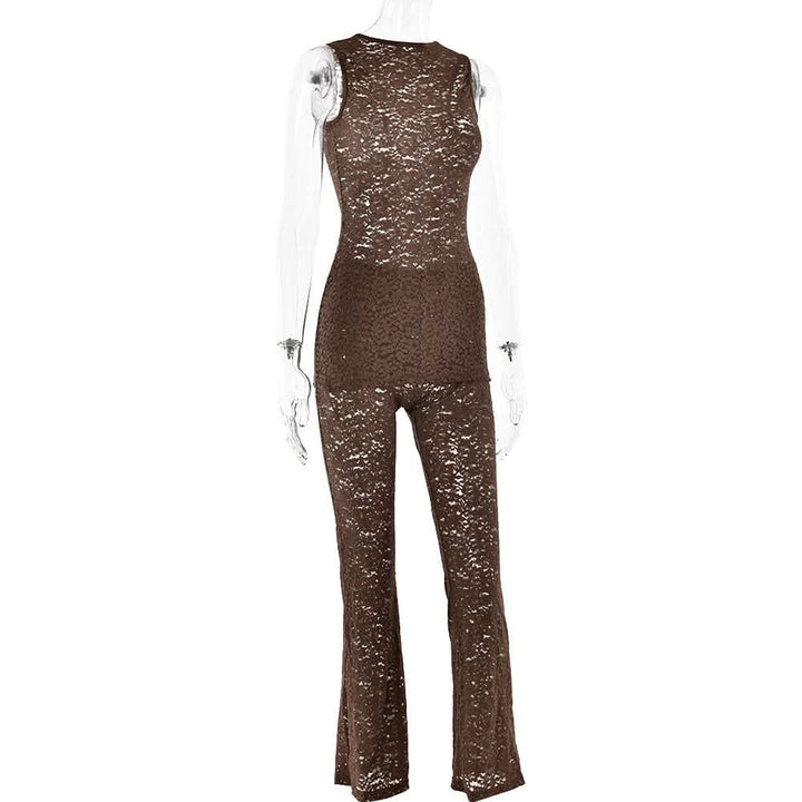 Crewneck lace sleeveless solid medium rise pant set  | Festival Outfits Women