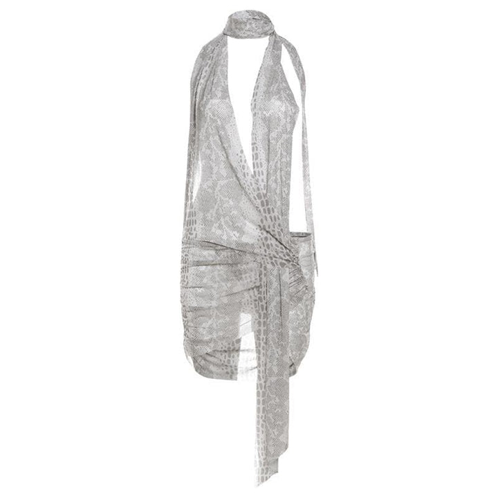 Snakeskin print halter sheer mesh irregular ruched mini dress  | Festival Outfits Women