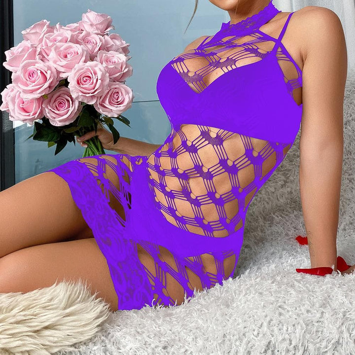 Halter net hollow out solid bodysuit  | Festival Outfits Women