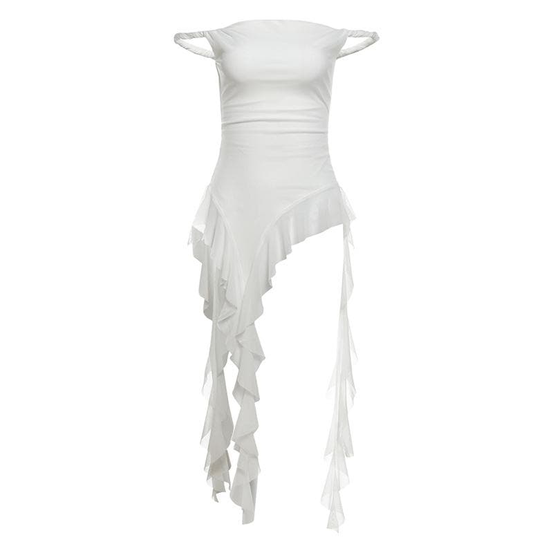 Off shoulder ruffle irregular mesh top  | Festival Outfits Women