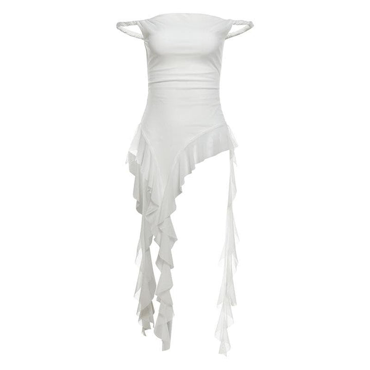 Off shoulder ruffle irregular mesh top  | Festival Outfits Women