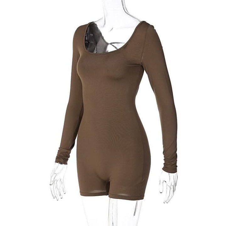 Long sleeve u neck lace up backless solid romper-final-sale  | Festival Outfits Women