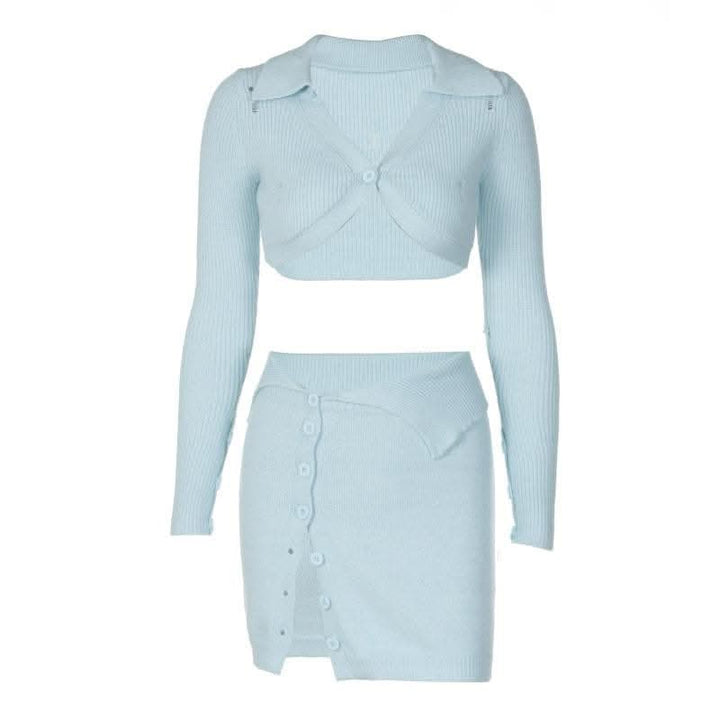 Button knitted solid long sleeve turnover collar mini skirt set-final-sale  | Festival Outfits Women