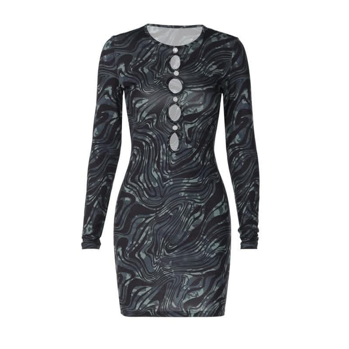 Ripple contrast long sleeve hollow out crewneck cut out mini dress-final-sale  | Festival Outfits Women