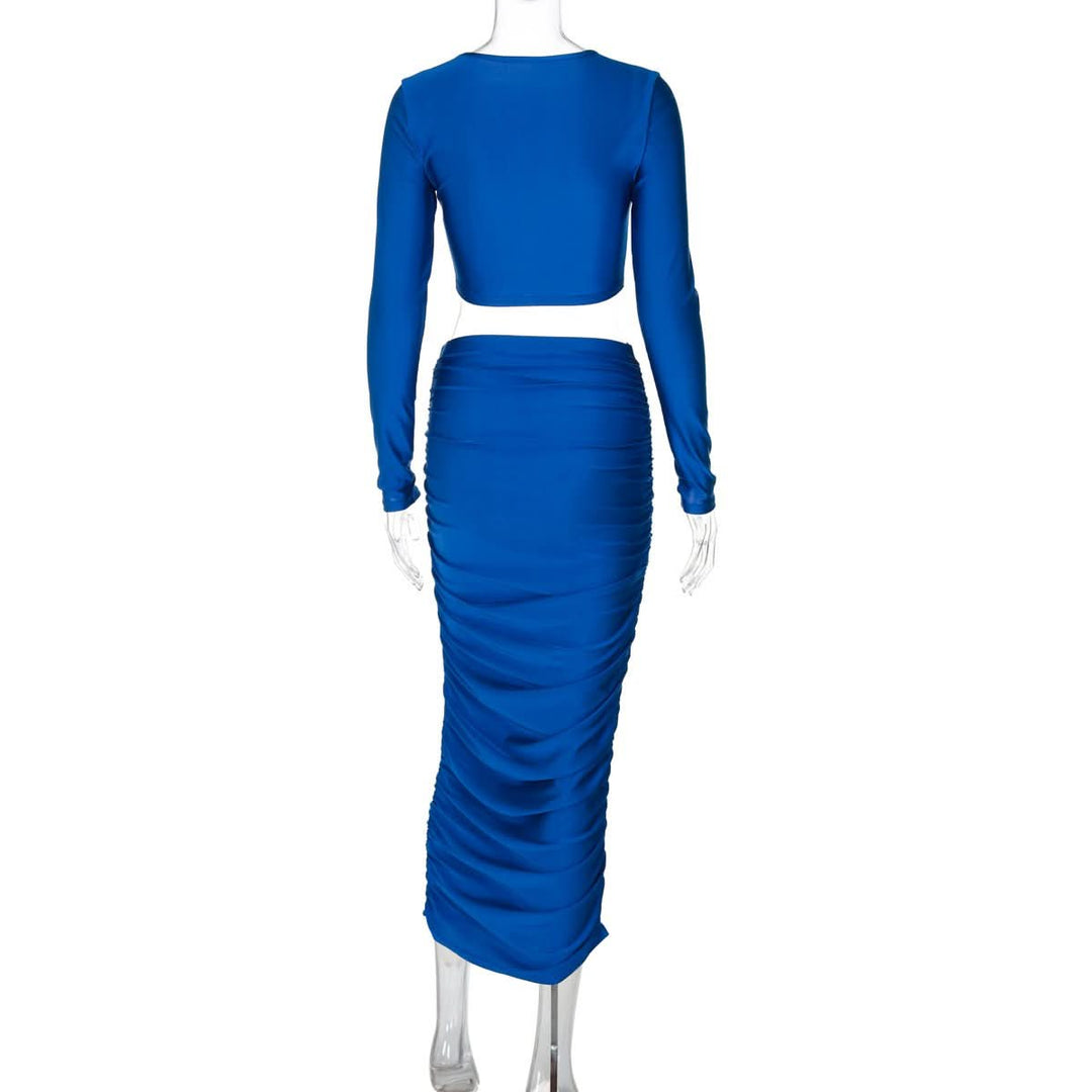 Long sleeve crewneck ruched crop maxi skirt set  | Festival Outfits Women