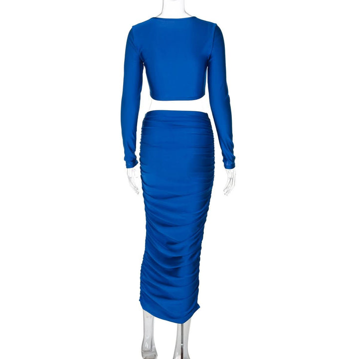 Long sleeve crewneck ruched crop maxi skirt set  | Festival Outfits Women
