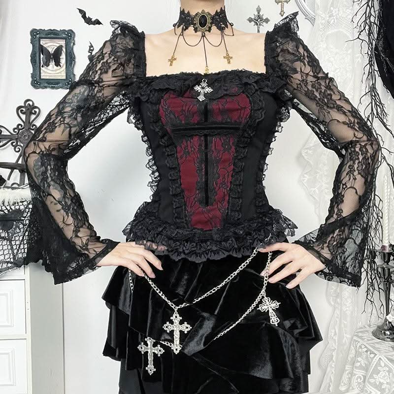 Long sleeve lace hem square neck self tie top-final-sale