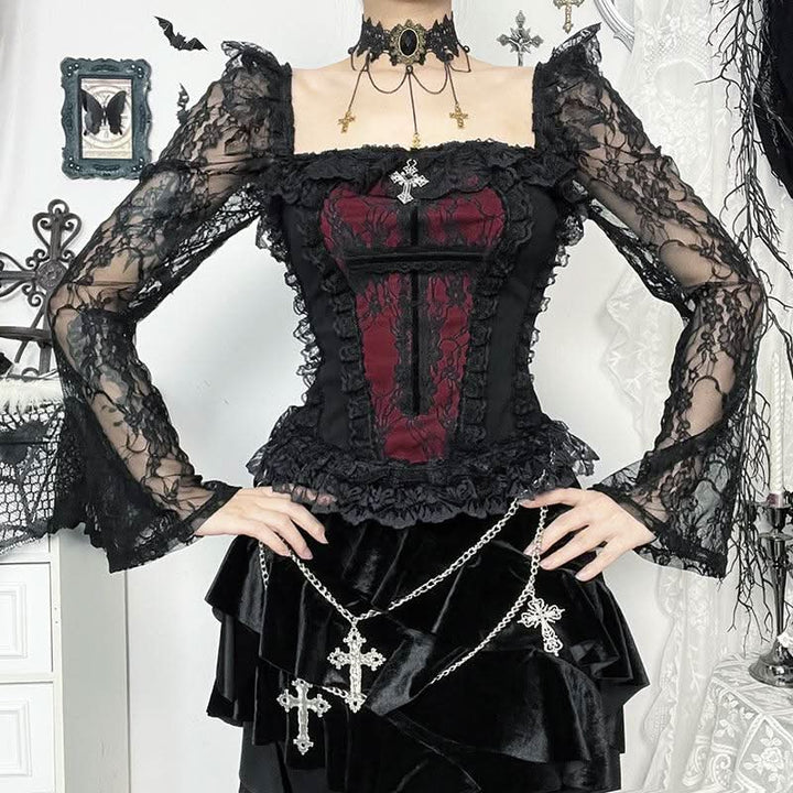 Long sleeve lace hem square neck self tie top-final-sale