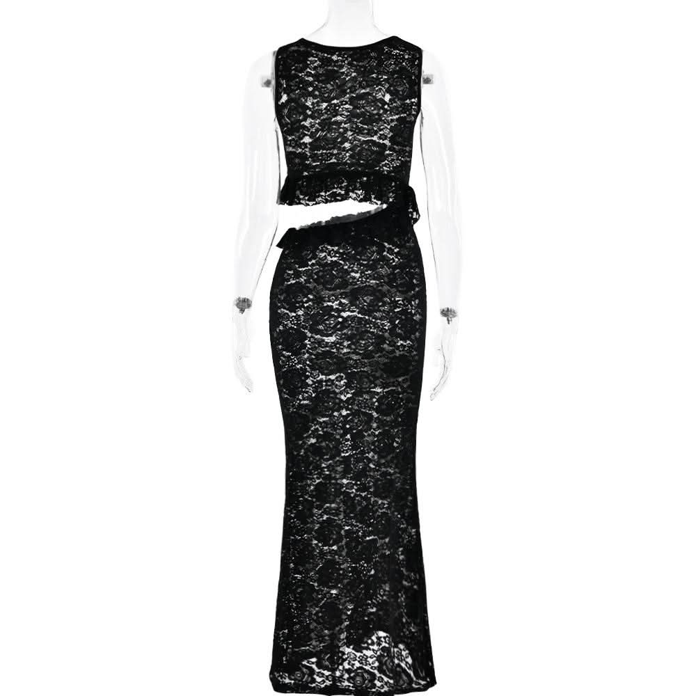 Crewneck hollow out lace ruched see through cut out maxi dress  | Festival Outfits Women