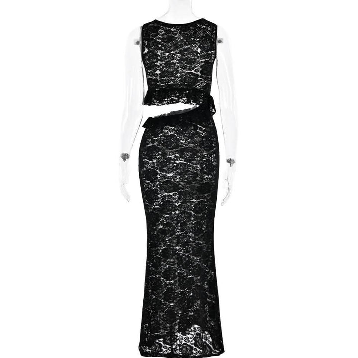 Crewneck hollow out lace ruched see through cut out maxi dress  | Festival Outfits Women