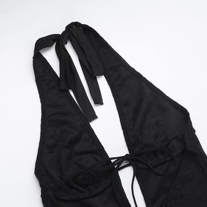 Halter self tie deep V neck lace backless jumpsuit  | Festival Outfits Women