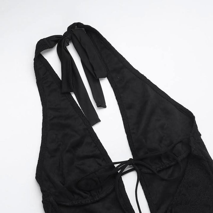 Halter self tie deep V neck lace backless jumpsuit  | Festival Outfits Women
