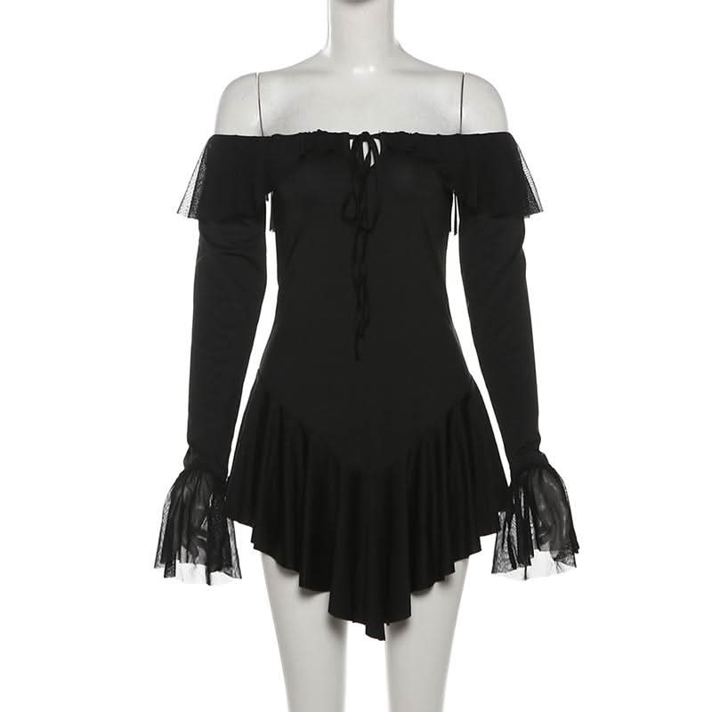 Long sleeve off shoulder ruffle mini dress  | Festival Outfits Women
