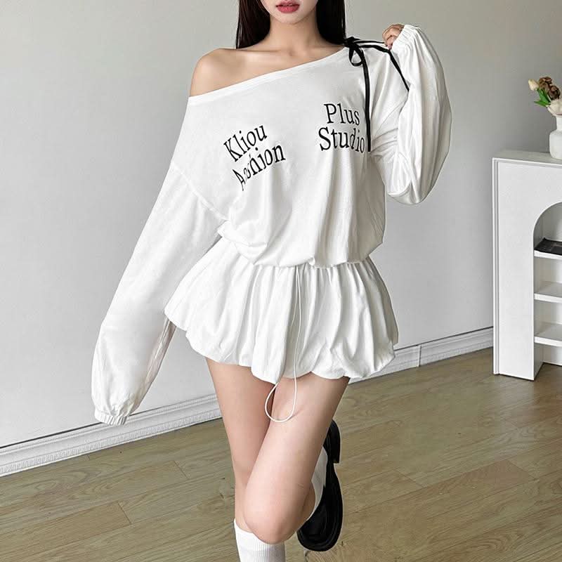 Irregular long sleeve ruched letter pattern mini dress  | Festival Outfits Women