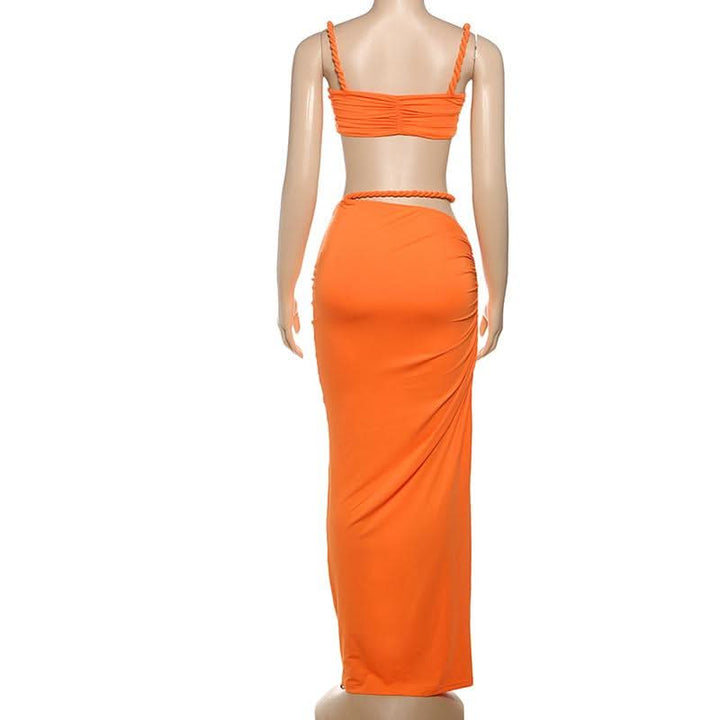 Irregular hollow out ruched v neck cami maxi skirt set  | Festival Outfits Women