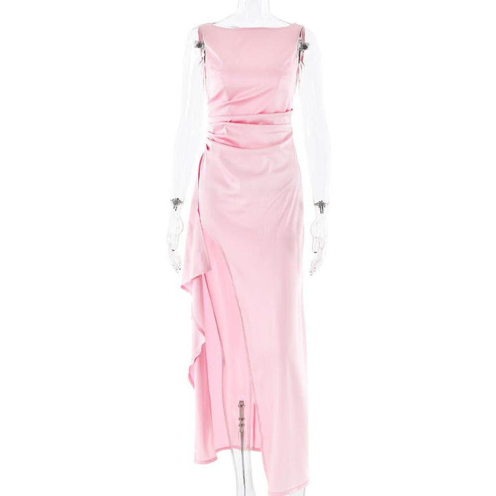 Ruched high slit satin round neck backless maxi dress  | Festival Outfits Women
