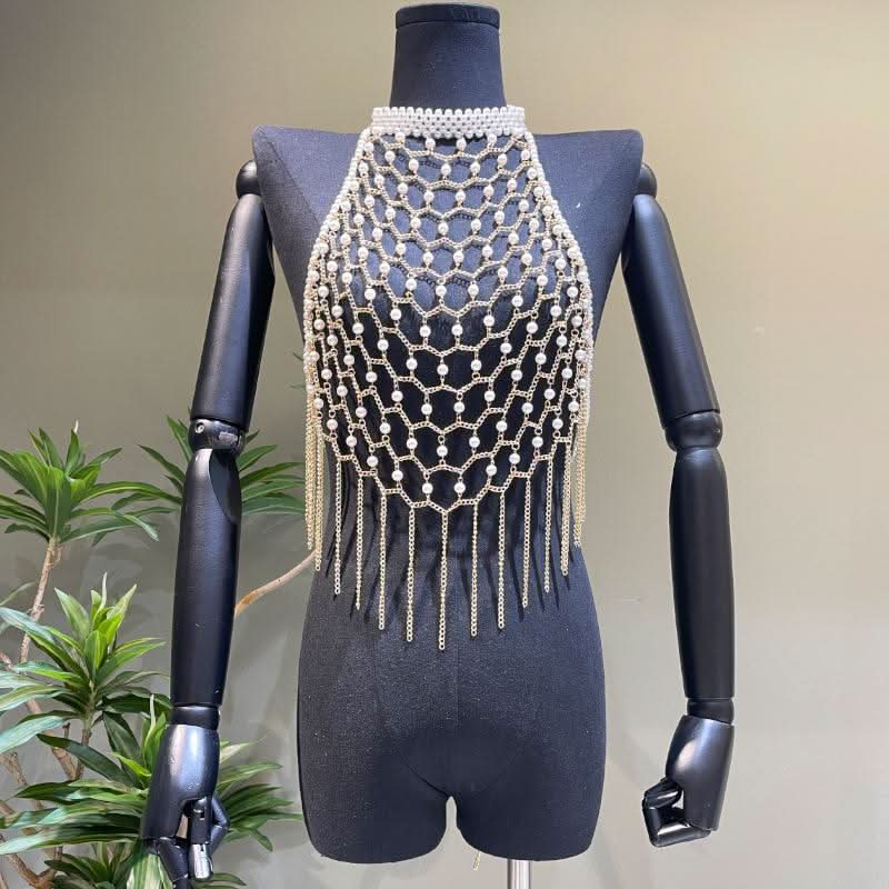 Halter metal chain beaded tassels backless hollow out cut out top  | Festival Outfits Women