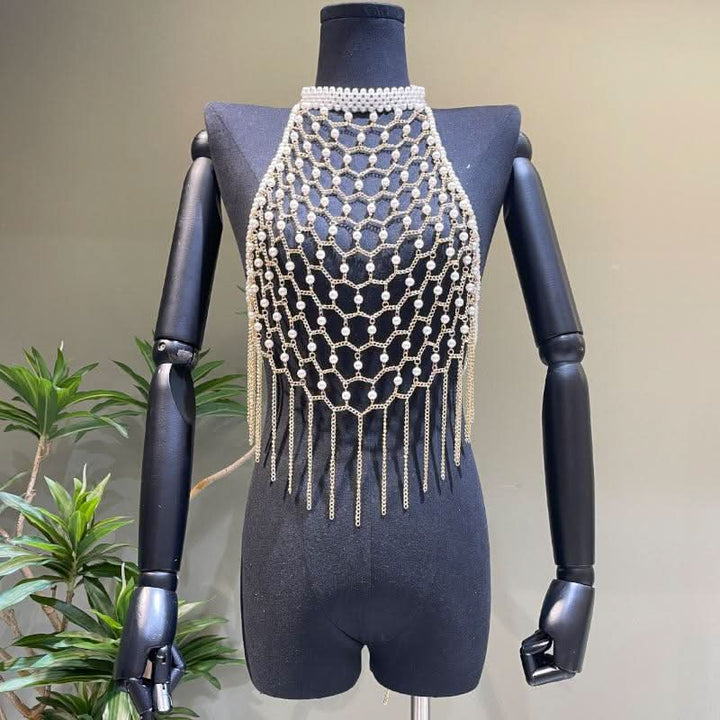Halter metal chain beaded tassels backless hollow out cut out top  | Festival Outfits Women