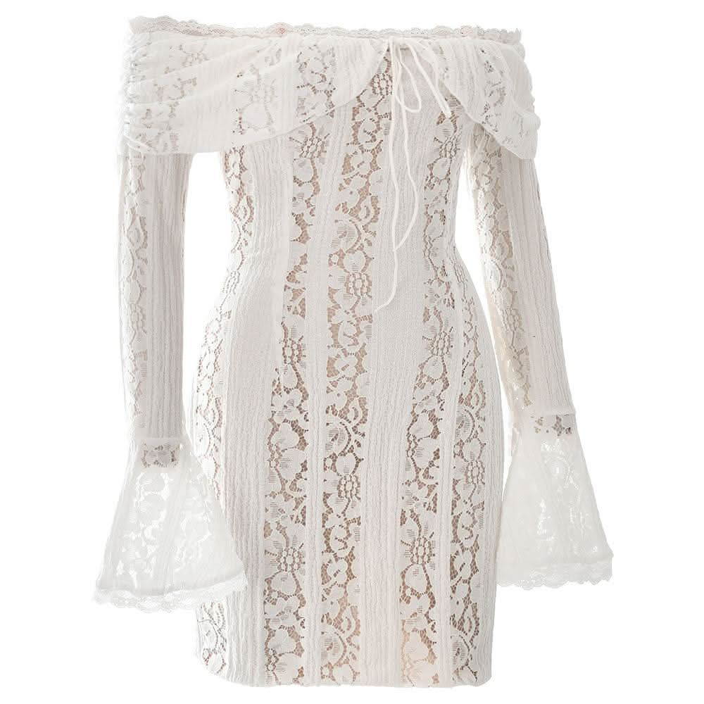 Long flared sleeve off shoulder lace mini dress-final-sale  | Festival Outfits Women