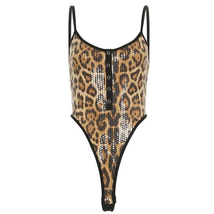 Leopard print u neck glitter button cami bodysuit  | Festival Outfits Women-final-sale