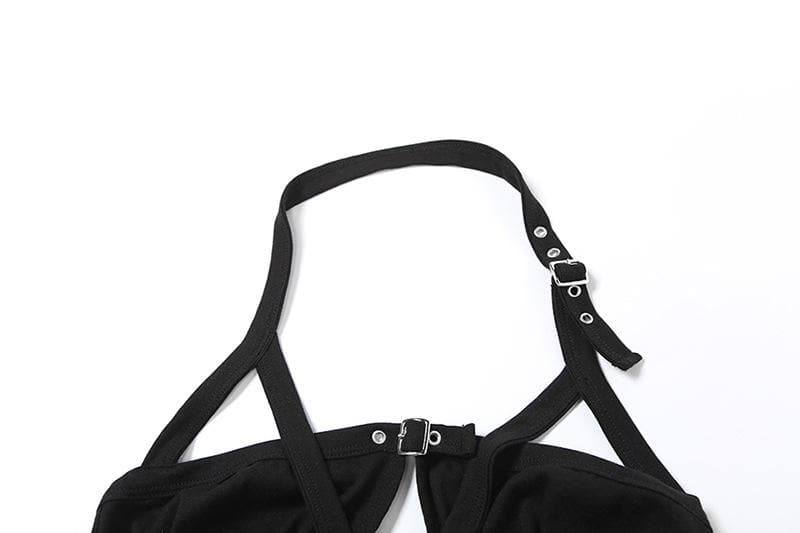 Halter hollow out buckle backless crop cut out top  | Festival Outfits Women