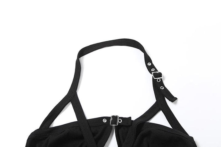 Halter hollow out buckle backless crop cut out top  | Festival Outfits Women