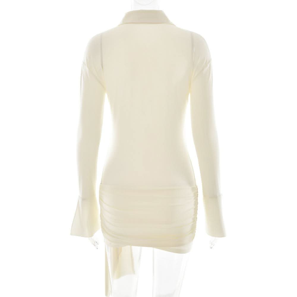 Turnover collar long sleeve button ruched mini dress-final-sale  | Festival Outfits Women