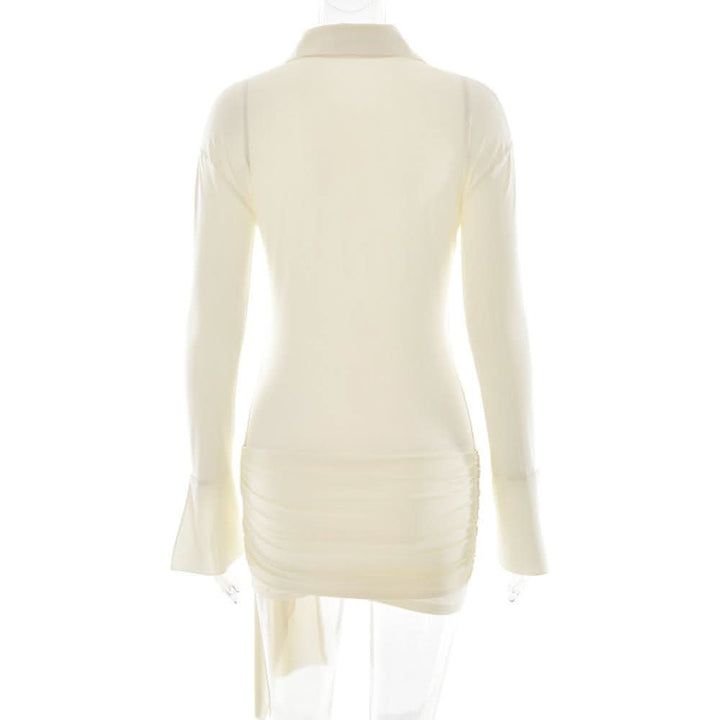 Turnover collar long sleeve button ruched mini dress-final-sale  | Festival Outfits Women