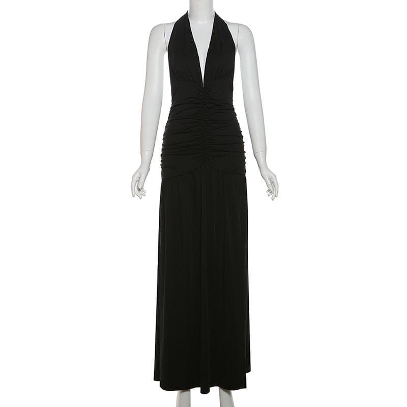 Halter deep v neck ruched backless maxi dress  | Festival Outfits Women