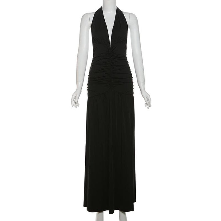 Halter deep v neck ruched backless maxi dress  | Festival Outfits Women