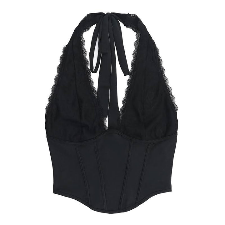 Halter self tie lace hem deep V neck corset top  | Festival Outfits Women-final-sale