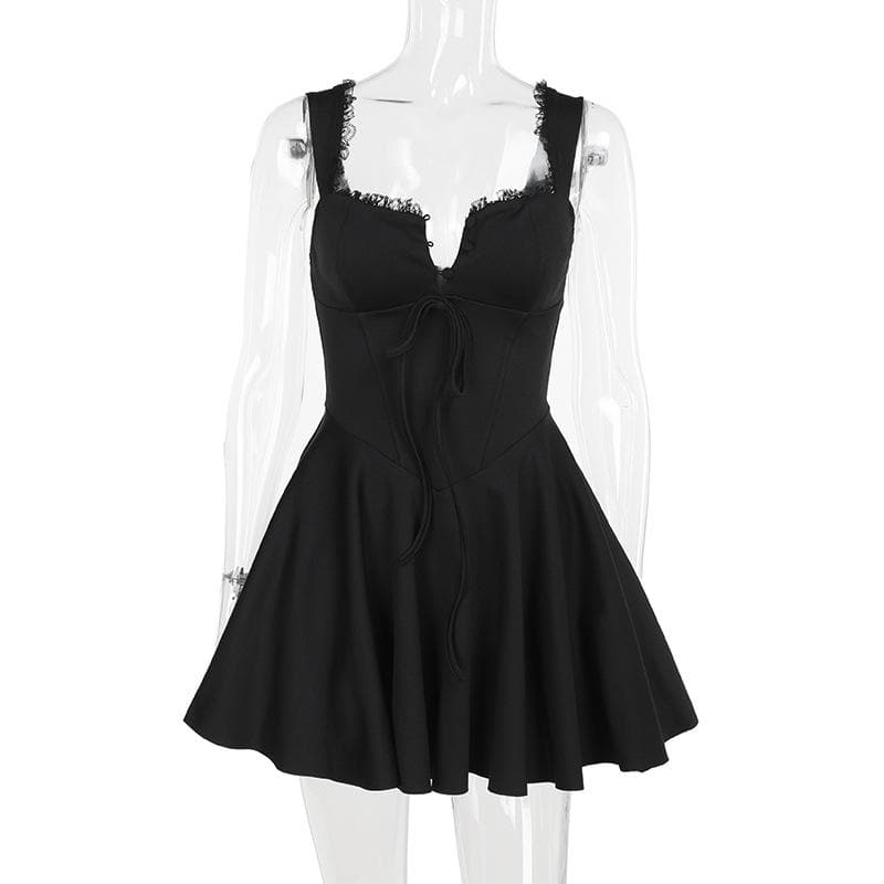 Lace hem button bowknot cami mini dress  | Festival Outfits Women