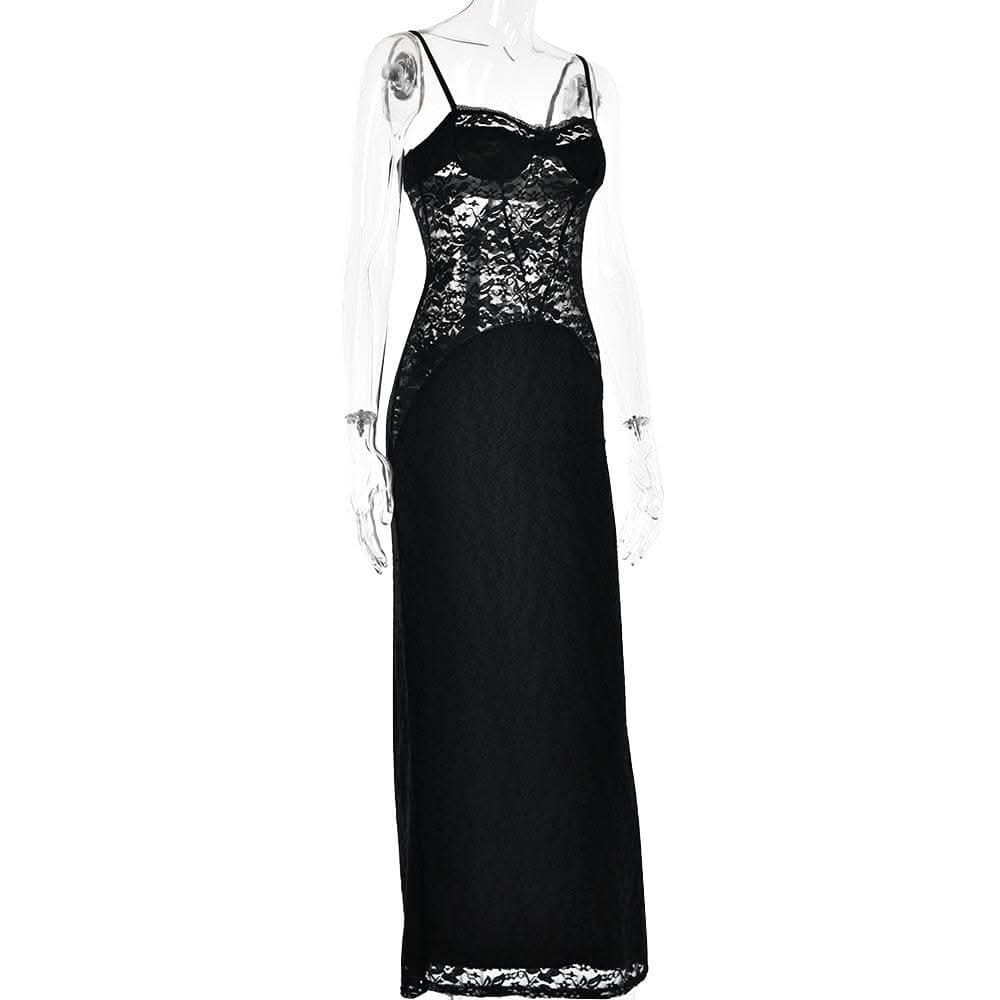 Button slit zip-up solid lace low cut maxi dress-final-sale  | Festival Outfits Women