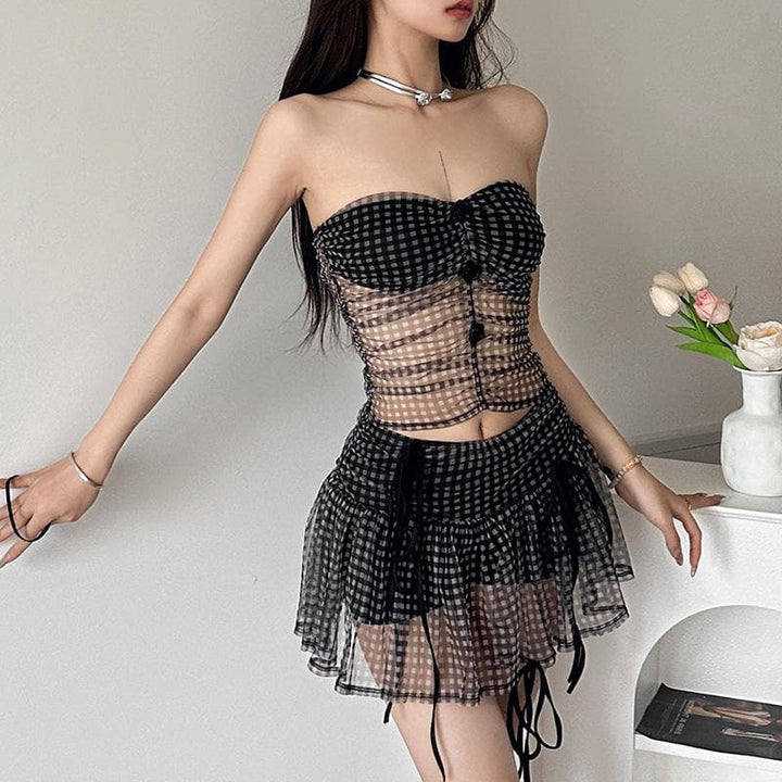 Rose applique plaid mesh ruched tube mini skirt set  | Festival Outfits Women