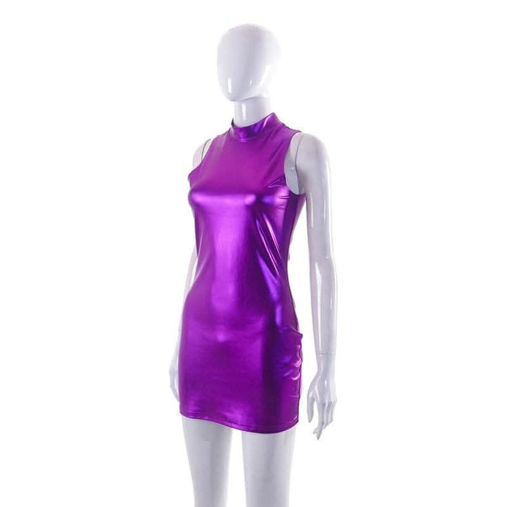 High neck metallic sleeveless solid mini dress-final-sale  | Festival Outfits Women