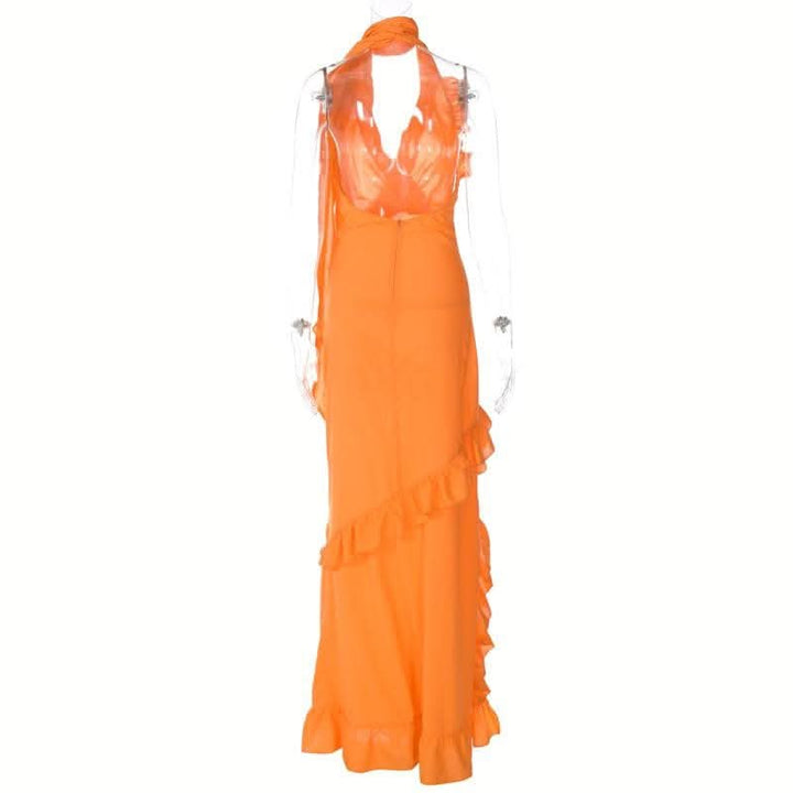 Halter v neck backless ruffle zip-up solid maxi dress-final-sale  | Festival Outfits Women