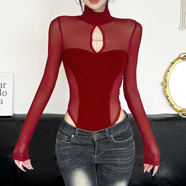 High neck long sleeve mesh hollow out bodysuit  | Festival Outfits Women