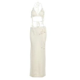 Halter self tie flower applique slit backless mini skirt set  | Festival Outfits Women