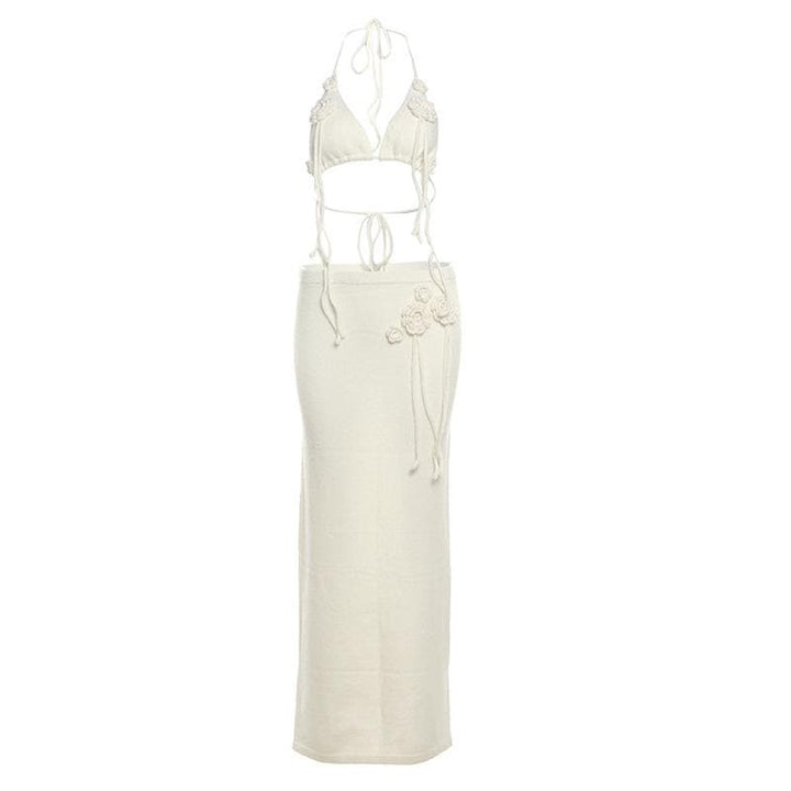 Halter self tie flower applique slit backless mini skirt set  | Festival Outfits Women