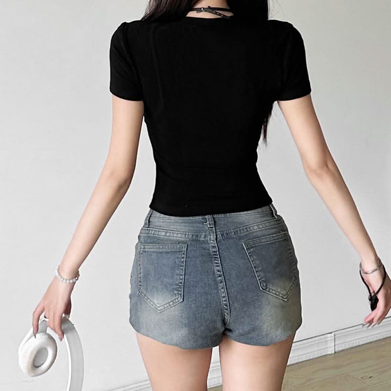 Crewneck short sleeve "EMBRACE" pattern crop top  | Festival Outfits Women