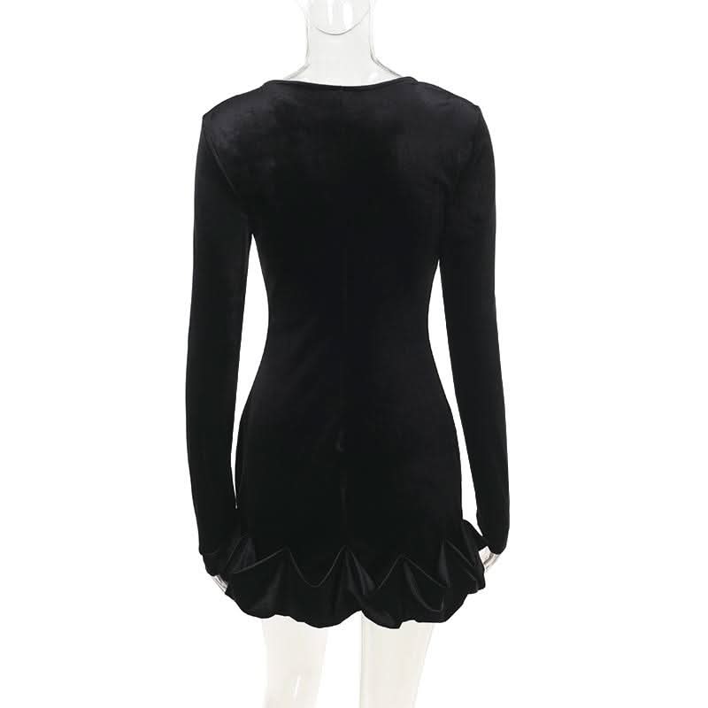 Long sleeve crewneck velvet ruffle mini dress  | Festival Outfits Women